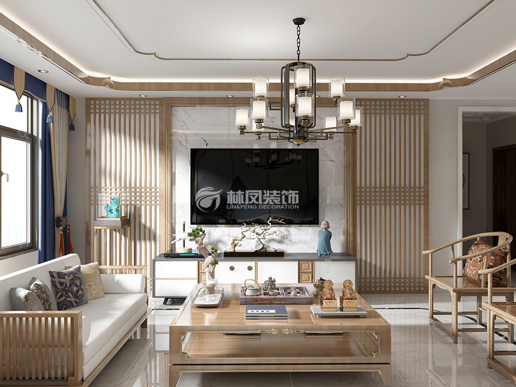萬科圣豐翡翠之光160㎡新中式風(fēng)格客廳裝修效果圖